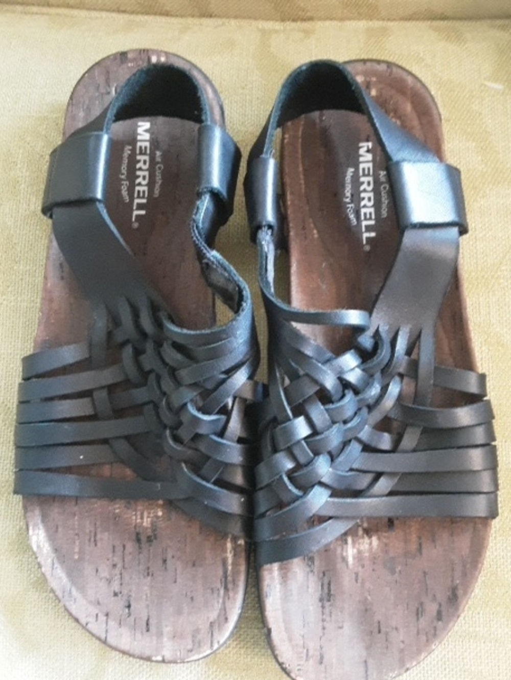 Merrell Black Woven Leather Sandals Sz 8 "Mahana" Strappy Wide Backstrap Comfort